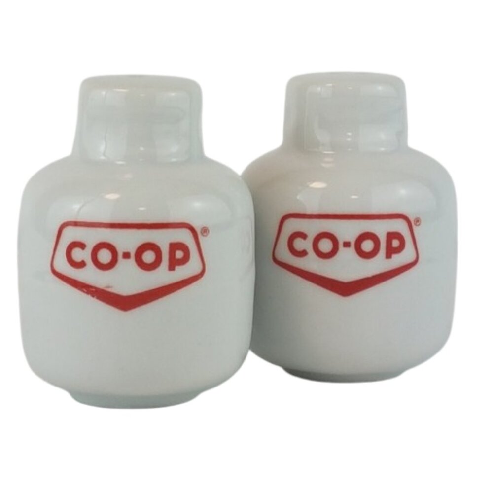 Vintage Canada Co-Op Salt and Pepper Shakers Propane Tank White Red Ceramic